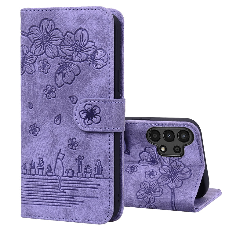 Cartoon Sakura Cat Embossed Leather Phone Case, For Samsung Galaxy S22 5G, For Samsung Galaxy S22+ 5G, For Samsung Galaxy S22 Ultra 5G, For Samsung Galaxy S21 5G, For Samsung Galaxy S21+ 5G, For Samsung Galaxy S21 Ultra 5G                              ...