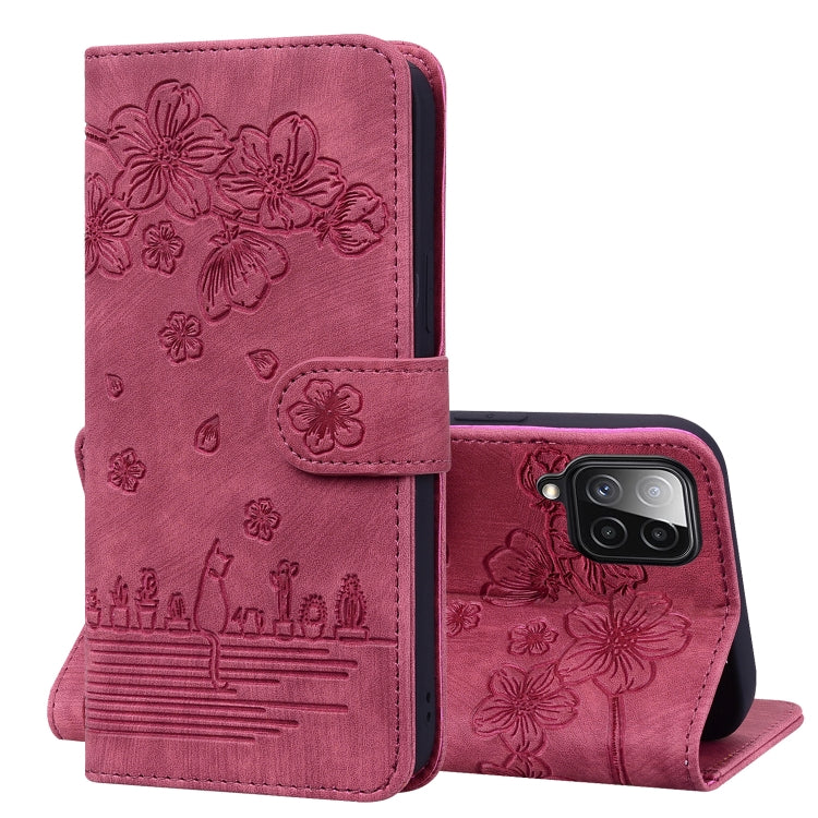 Cartoon Sakura Cat Embossed Leather Phone Case, For Samsung Galaxy A20 / A30, For Samsung Galaxy A22 4G, For Samsung Galaxy A22 5G / A22s 5G, For Samsung Galaxy A30s / A50s / A50, For Samsung Galaxy A32 5G, For Samsung Galaxy A33 5G                    ...