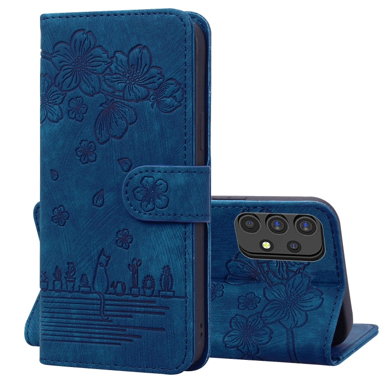 Cartoon Sakura Cat Embossed Leather Phone Case, For Samsung Galaxy A20 / A30, For Samsung Galaxy A22 4G, For Samsung Galaxy A22 5G / A22s 5G, For Samsung Galaxy A30s / A50s / A50, For Samsung Galaxy A32 5G, For Samsung Galaxy A33 5G                    ...