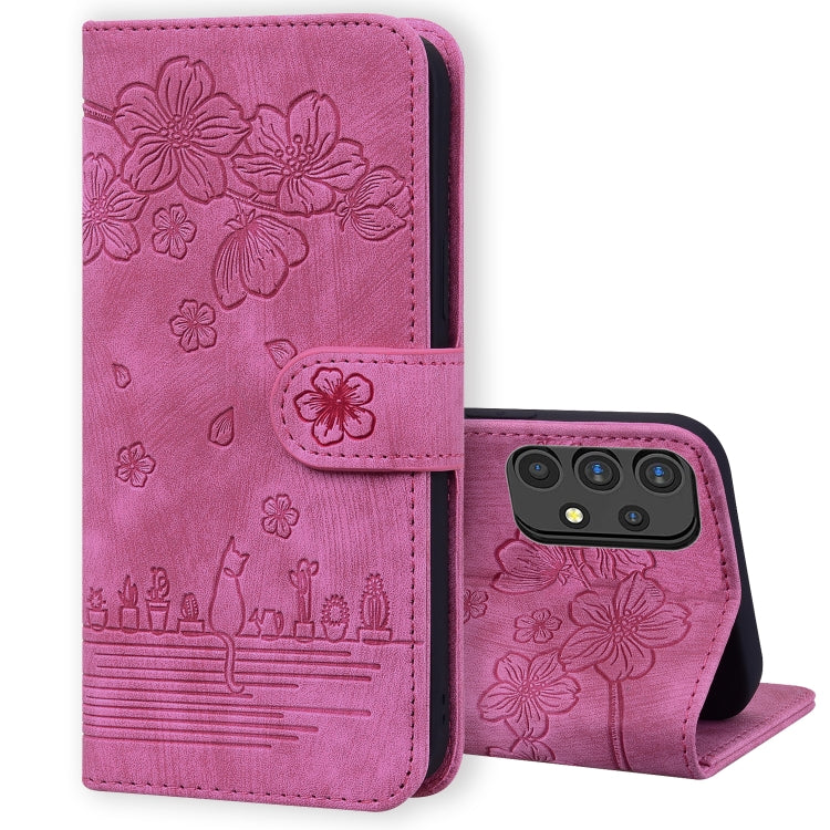 Cartoon Sakura Cat Embossed Leather Phone Case, For Samsung Galaxy A20 / A30, For Samsung Galaxy A22 4G, For Samsung Galaxy A22 5G / A22s 5G, For Samsung Galaxy A30s / A50s / A50, For Samsung Galaxy A32 5G, For Samsung Galaxy A33 5G                    ...