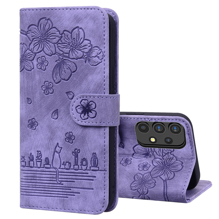 Cartoon Sakura Cat Embossed Leather Phone Case, For Samsung Galaxy A20 / A30, For Samsung Galaxy A22 4G, For Samsung Galaxy A22 5G / A22s 5G, For Samsung Galaxy A30s / A50s / A50, For Samsung Galaxy A32 5G, For Samsung Galaxy A33 5G                    ...