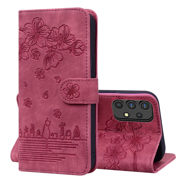 Cartoon Sakura Cat Embossed Leather Phone Case, For Samsung Galaxy A20 / A30, For Samsung Galaxy A22 4G, For Samsung Galaxy A22 5G / A22s 5G, For Samsung Galaxy A30s / A50s / A50, For Samsung Galaxy A32 5G, For Samsung Galaxy A33 5G                    ...