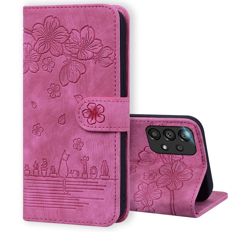 Cartoon Sakura Cat Embossed Leather Phone Case, For Samsung Galaxy A20 / A30, For Samsung Galaxy A22 4G, For Samsung Galaxy A22 5G / A22s 5G, For Samsung Galaxy A30s / A50s / A50, For Samsung Galaxy A32 5G, For Samsung Galaxy A33 5G                    ...
