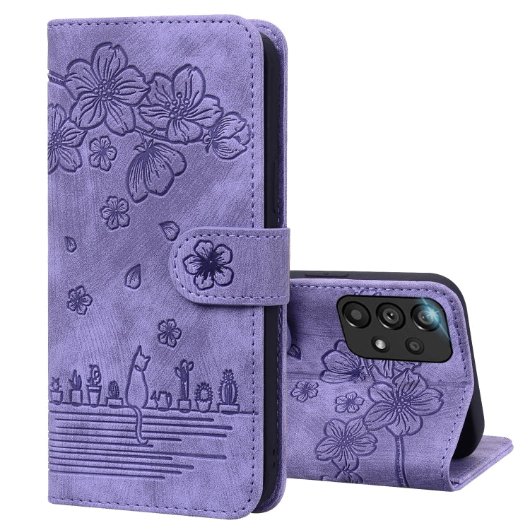 Cartoon Sakura Cat Embossed Leather Phone Case, For Samsung Galaxy A20 / A30, For Samsung Galaxy A22 4G, For Samsung Galaxy A22 5G / A22s 5G, For Samsung Galaxy A30s / A50s / A50, For Samsung Galaxy A32 5G, For Samsung Galaxy A33 5G                    ...