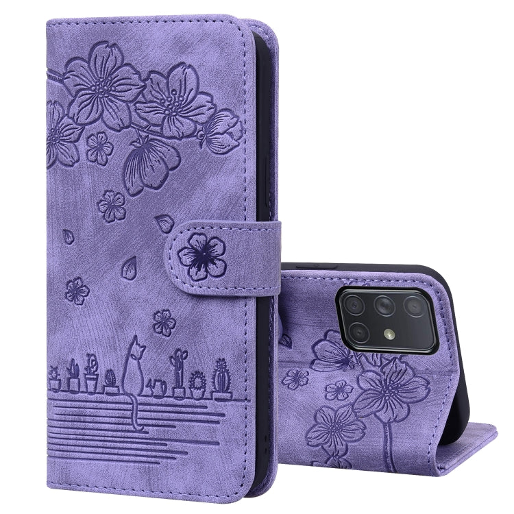 Cartoon Sakura Cat Embossed Leather Phone Case, For Samsung Galaxy A20 / A30, For Samsung Galaxy A22 4G, For Samsung Galaxy A22 5G / A22s 5G, For Samsung Galaxy A30s / A50s / A50, For Samsung Galaxy A32 5G, For Samsung Galaxy A33 5G                    ...