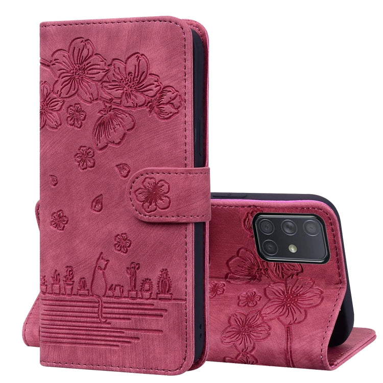 Cartoon Sakura Cat Embossed Leather Phone Case, For Samsung Galaxy A20 / A30, For Samsung Galaxy A22 4G, For Samsung Galaxy A22 5G / A22s 5G, For Samsung Galaxy A30s / A50s / A50, For Samsung Galaxy A32 5G, For Samsung Galaxy A33 5G                    ...