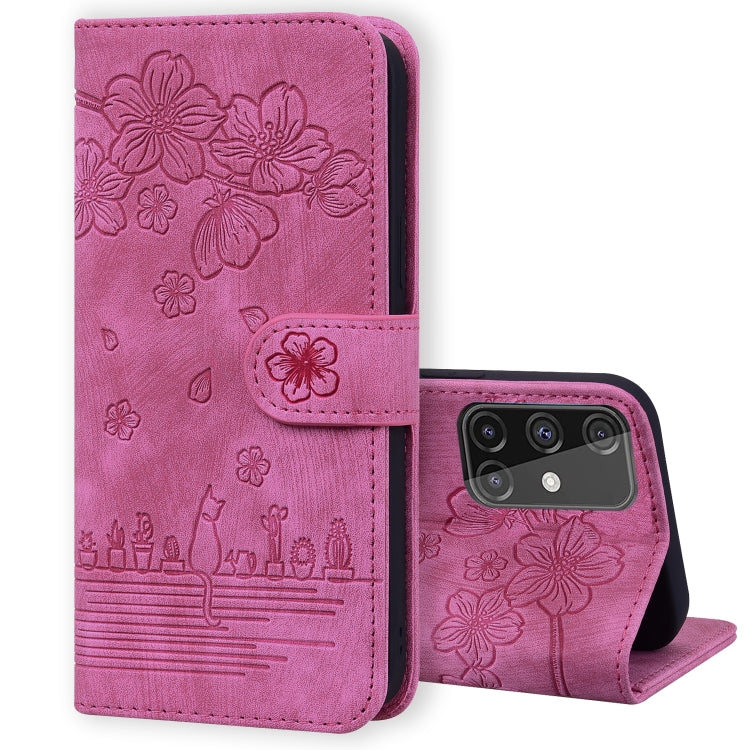 Cartoon Sakura Cat Embossed Leather Phone Case, For Samsung Galaxy A71 4G