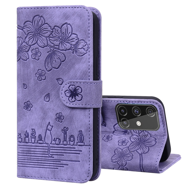 Cartoon Sakura Cat Embossed Leather Phone Case, For Samsung Galaxy A71 4G