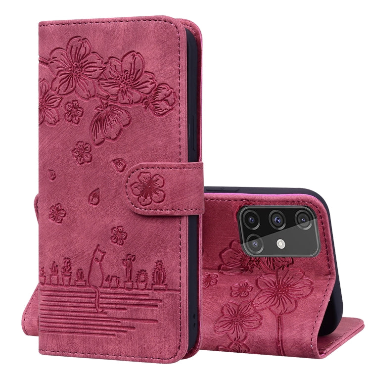 Cartoon Sakura Cat Embossed Leather Phone Case, For Samsung Galaxy A71 4G