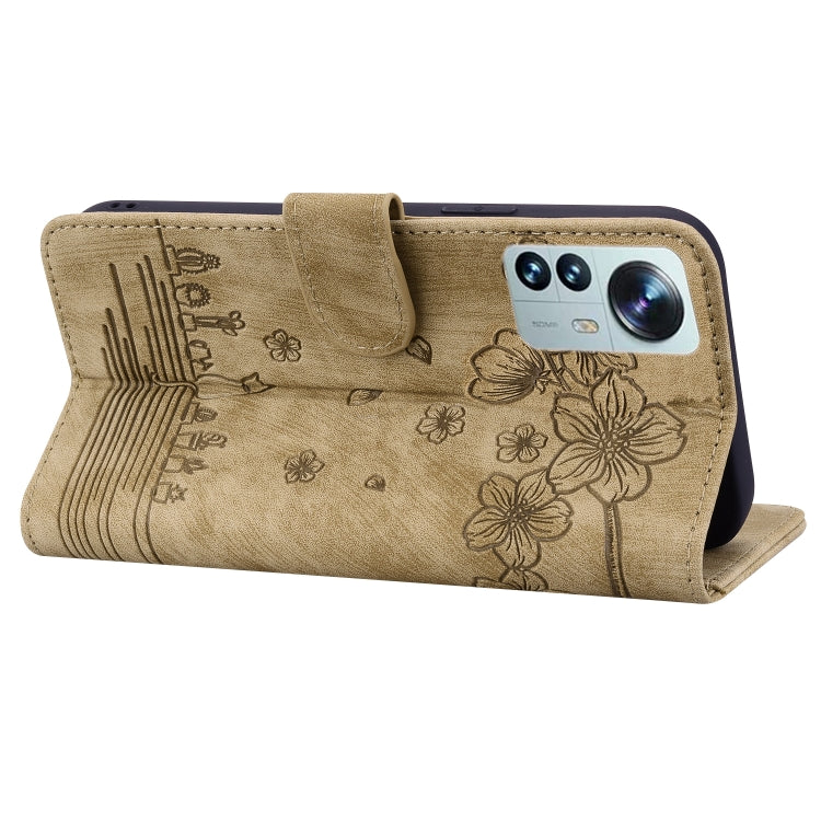 Cartoon Sakura Cat Embossed Leather Phone Case, For Xiaomi 12 / 12S / 12X, For Xiaomi Redmi Note 11 / Note 11S Global