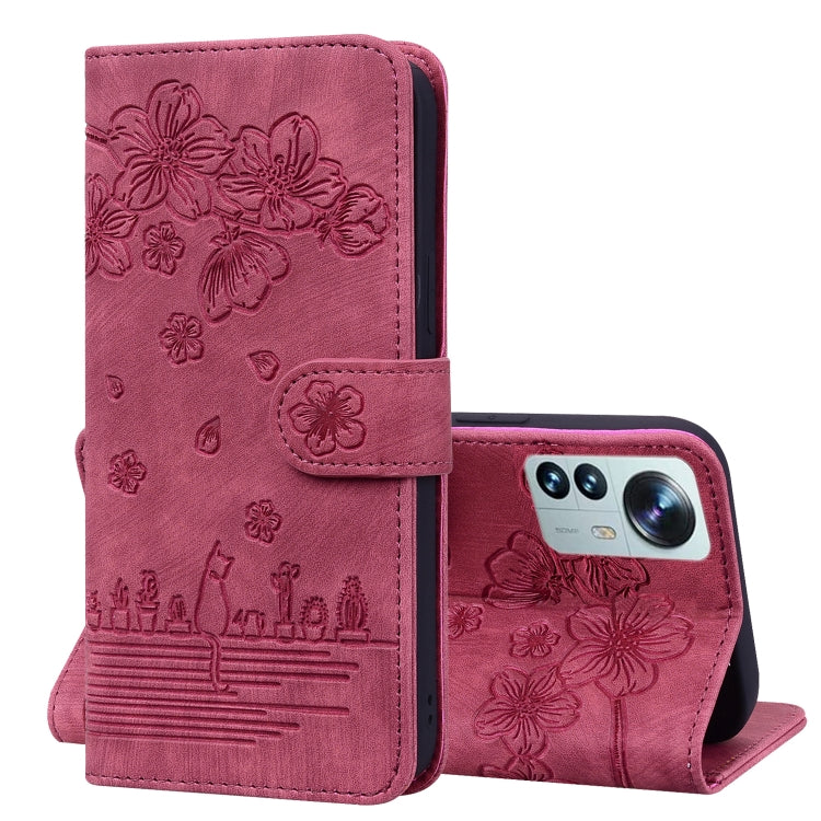 Cartoon Sakura Cat Embossed Leather Phone Case, For Xiaomi 12 / 12S / 12X, For Xiaomi Redmi Note 11 / Note 11S Global