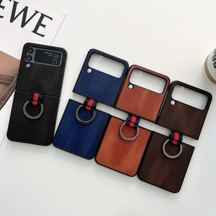 Yellow Cow Texture PU Phone Case With Ring, For Samsung Galaxy Z Flip4