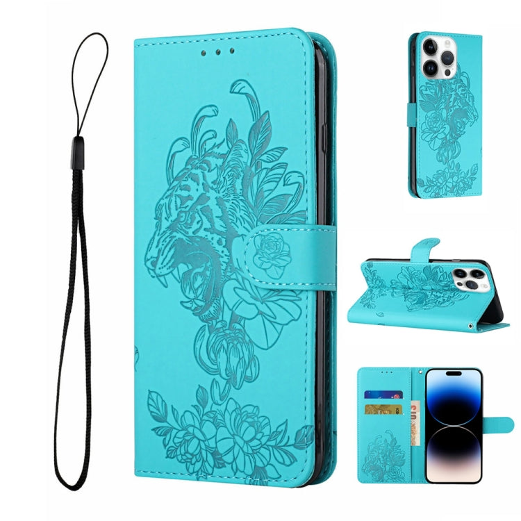 Tiger Flower Embossing Leather Phone Case, For iPhone 14, For iPhone 14 Plus, For iPhone 14 Pro, For iPhone 14 Pro Max