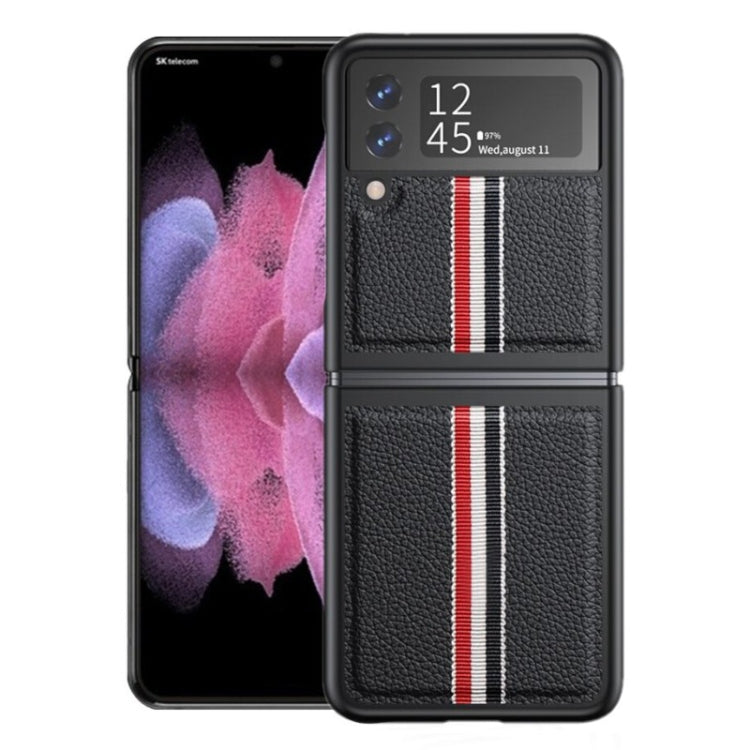 Litchi Texture Genuine Leather Color Strip Phone Case, For Samsung Galaxy Z Flip3 5G, For Samsung Galaxy Z Flip4
