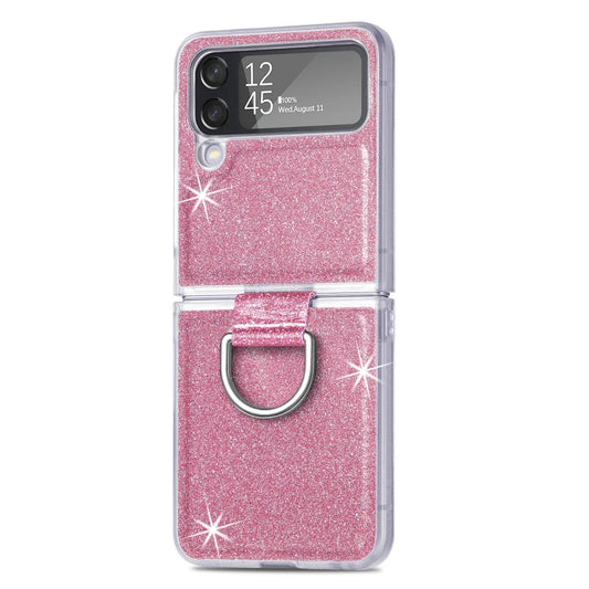 Glitter Leather Skin PC Phone Case with Ring, For Samsung Galaxy Z Flip4