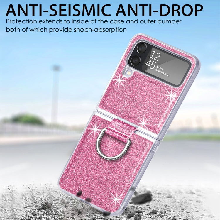 Glitter Leather Skin PC Phone Case with Ring, For Samsung Galaxy Z Flip4