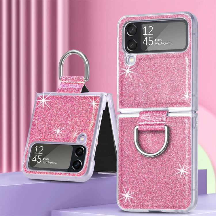 Glitter Leather Skin PC Phone Case with Ring, For Samsung Galaxy Z Flip4