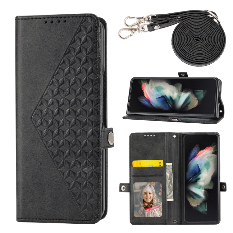 Cubic Grid Calf Texture Leather Phone Case with Neck Lanyard, For Samsung Galaxy Z Fold4, For Samsung Galaxy Z Fold3 5G, For Samsung Galaxy Z Flip4, For Samsung Galaxy Z Flip3 5G