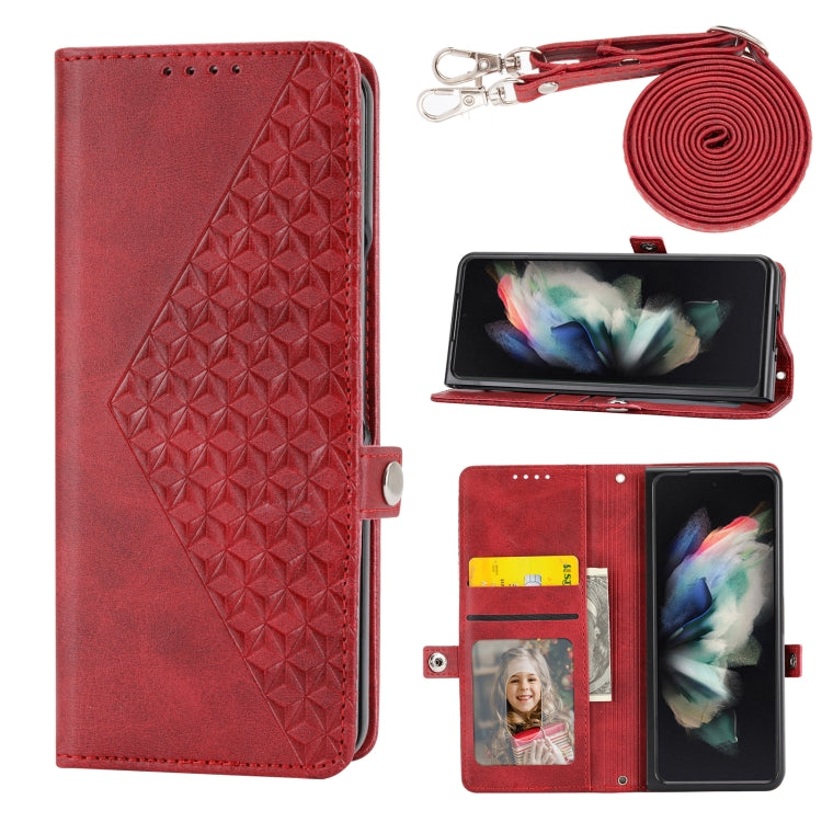 Cubic Grid Calf Texture Leather Phone Case with Neck Lanyard, For Samsung Galaxy Z Fold4, For Samsung Galaxy Z Fold3 5G, For Samsung Galaxy Z Flip4, For Samsung Galaxy Z Flip3 5G