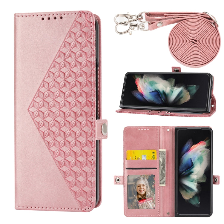 Cubic Grid Calf Texture Leather Phone Case with Neck Lanyard, For Samsung Galaxy Z Fold4, For Samsung Galaxy Z Fold3 5G, For Samsung Galaxy Z Flip4, For Samsung Galaxy Z Flip3 5G
