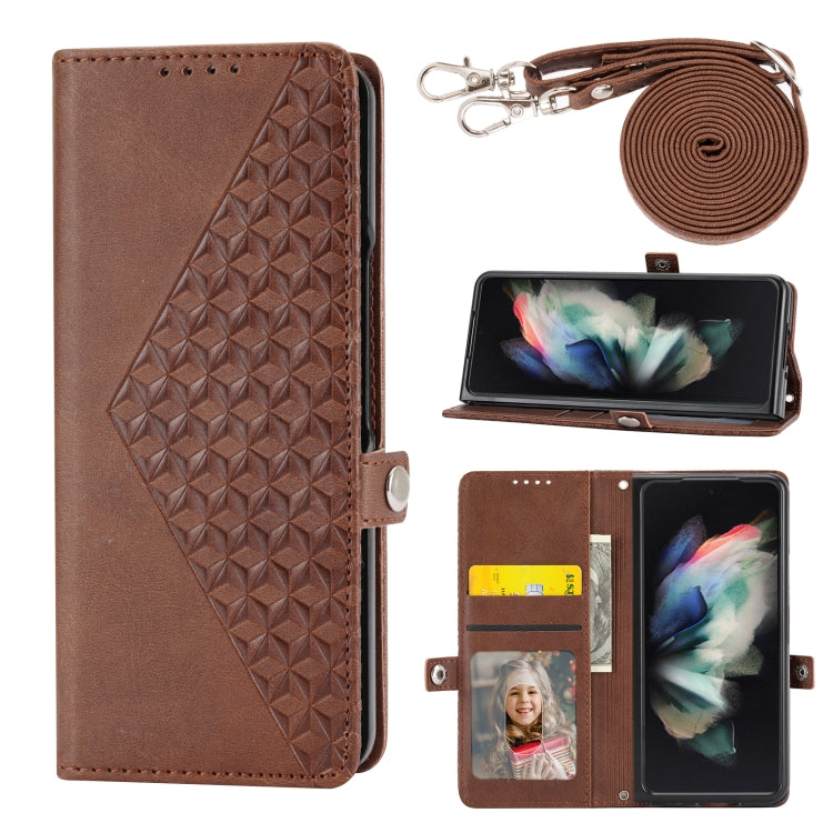 Cubic Grid Calf Texture Leather Phone Case with Neck Lanyard, For Samsung Galaxy Z Fold4, For Samsung Galaxy Z Fold3 5G, For Samsung Galaxy Z Flip4, For Samsung Galaxy Z Flip3 5G