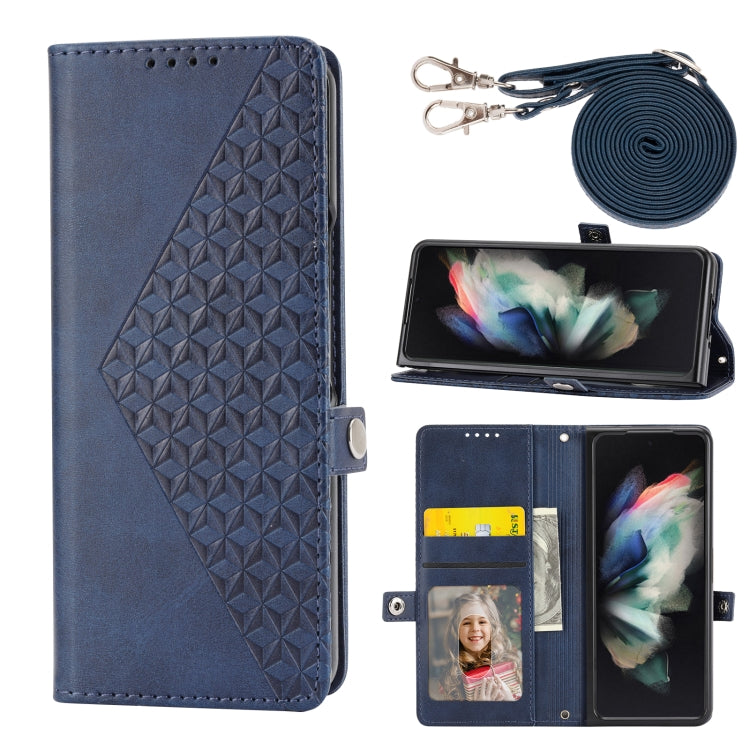 Cubic Grid Calf Texture Leather Phone Case with Neck Lanyard, For Samsung Galaxy Z Fold4, For Samsung Galaxy Z Fold3 5G, For Samsung Galaxy Z Flip4, For Samsung Galaxy Z Flip3 5G