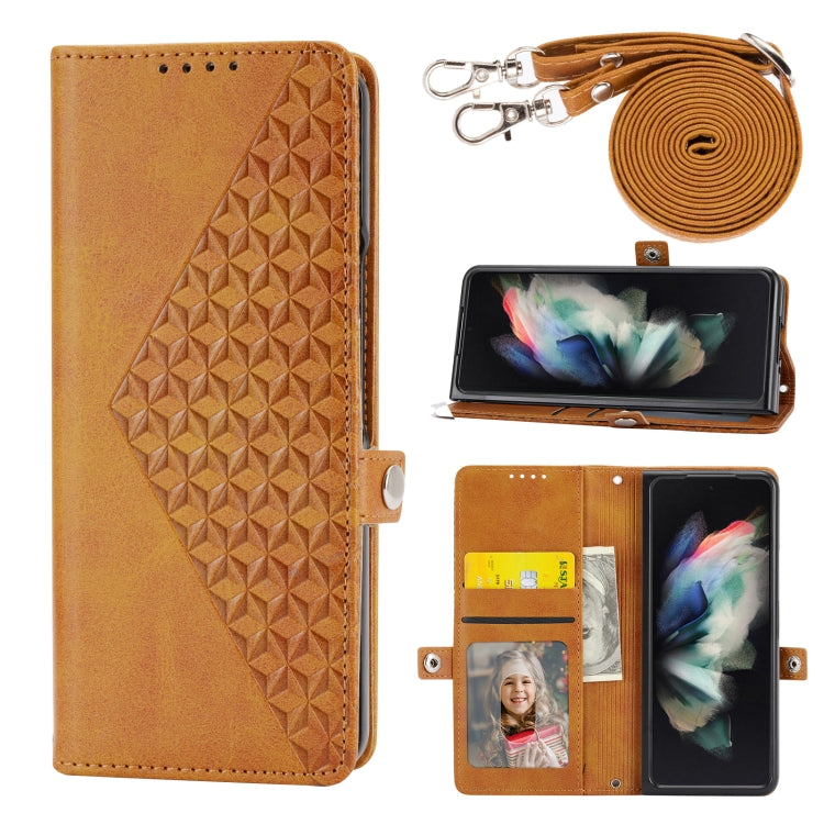 Cubic Grid Calf Texture Leather Phone Case with Neck Lanyard, For Samsung Galaxy Z Fold4, For Samsung Galaxy Z Fold3 5G, For Samsung Galaxy Z Flip4, For Samsung Galaxy Z Flip3 5G
