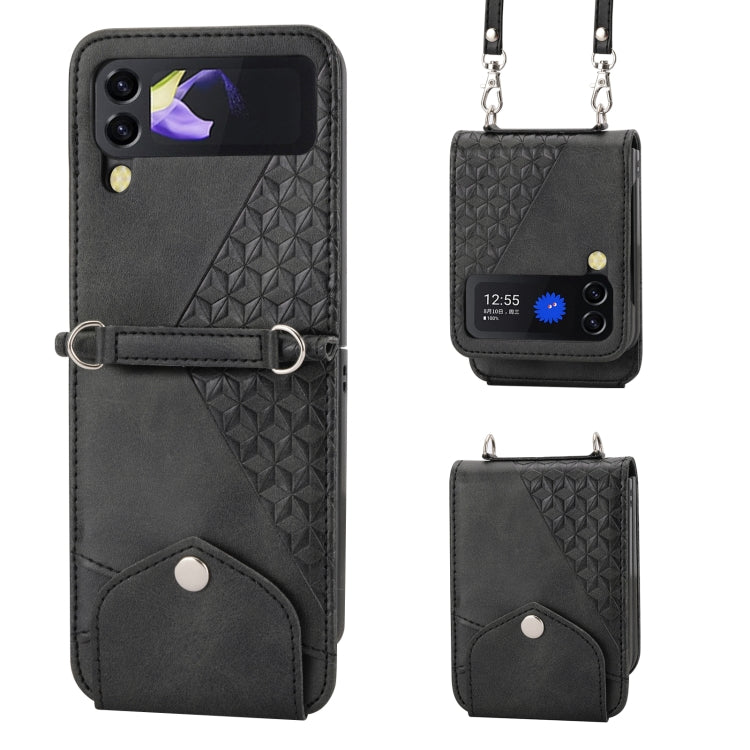 Cubic Grid Calf Texture Leather Phone Case with Neck Lanyard, For Samsung Galaxy Z Fold4, For Samsung Galaxy Z Fold3 5G, For Samsung Galaxy Z Flip4, For Samsung Galaxy Z Flip3 5G