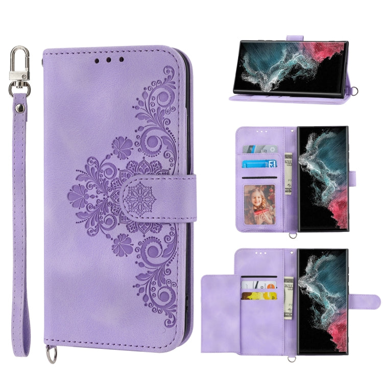 Skin-feel Flowers Embossed Wallet Leather Phone Case, For Samsung Galaxy S22 Ultra 5G, For Samsung Galaxy S22+ 5G, For Samsung Galaxy S22 5G