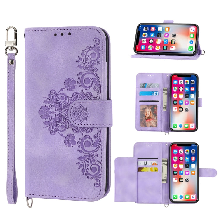 Skin-feel Flowers Embossed Wallet Leather Phone Case, For Samsung Galaxy A22 5G JP Version, For Samsung Galaxy A22 4G, For Samsung Galaxy A12 5G/M12, For Samsung Galaxy A14 5G, For Samsung Galaxy A22 5G/A22s/F42 5G