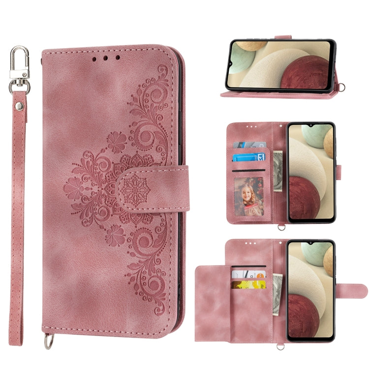 Skin-feel Flowers Embossed Wallet Leather Phone Case, For Samsung Galaxy A22 5G JP Version, For Samsung Galaxy A22 4G, For Samsung Galaxy A12 5G/M12, For Samsung Galaxy A14 5G, For Samsung Galaxy A22 5G/A22s/F42 5G