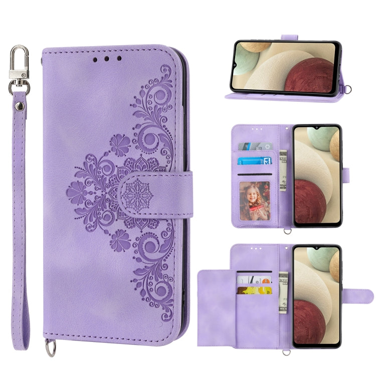 Skin-feel Flowers Embossed Wallet Leather Phone Case, For Samsung Galaxy A22 5G JP Version, For Samsung Galaxy A22 4G, For Samsung Galaxy A12 5G/M12, For Samsung Galaxy A14 5G, For Samsung Galaxy A22 5G/A22s/F42 5G