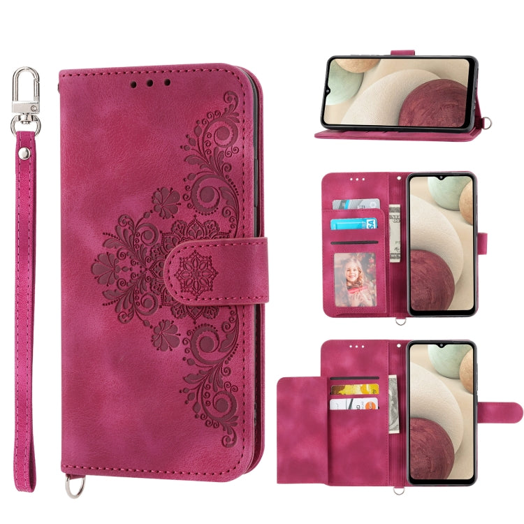 Skin-feel Flowers Embossed Wallet Leather Phone Case, For Samsung Galaxy A22 5G JP Version, For Samsung Galaxy A22 4G, For Samsung Galaxy A12 5G/M12, For Samsung Galaxy A14 5G, For Samsung Galaxy A22 5G/A22s/F42 5G