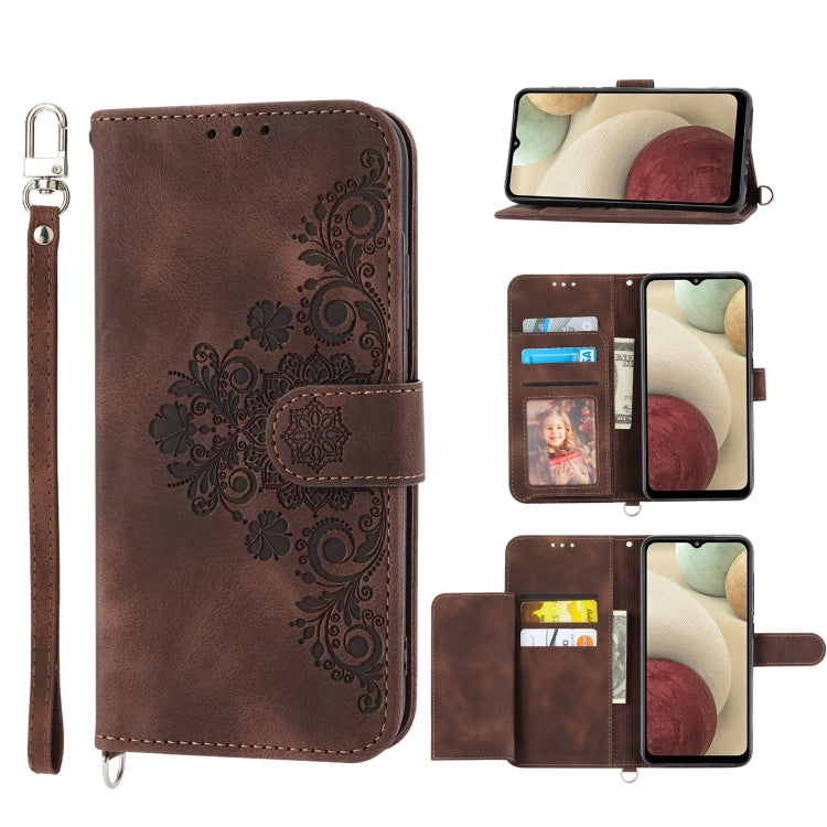 Skin-feel Flowers Embossed Wallet Leather Phone Case, For Samsung Galaxy A22 5G JP Version, For Samsung Galaxy A22 4G, For Samsung Galaxy A12 5G/M12, For Samsung Galaxy A14 5G, For Samsung Galaxy A22 5G/A22s/F42 5G