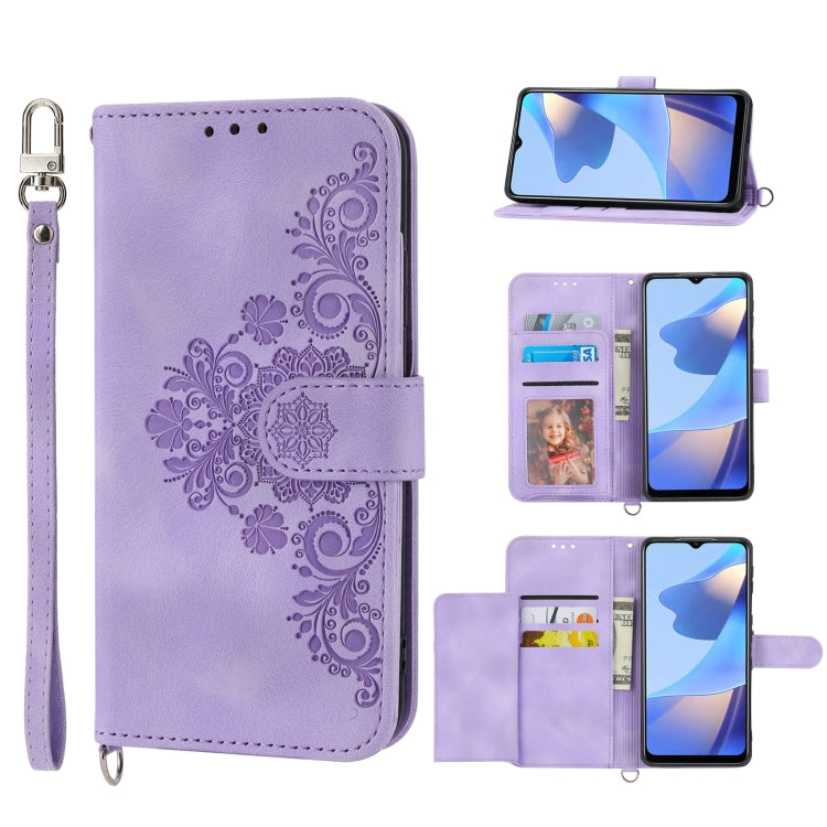 Skin-feel Flowers Embossed Wallet Leather Phone Case, For Samsung Galaxy A22 5G JP Version, For Samsung Galaxy A22 4G, For Samsung Galaxy A12 5G/M12, For Samsung Galaxy A14 5G, For Samsung Galaxy A22 5G/A22s/F42 5G