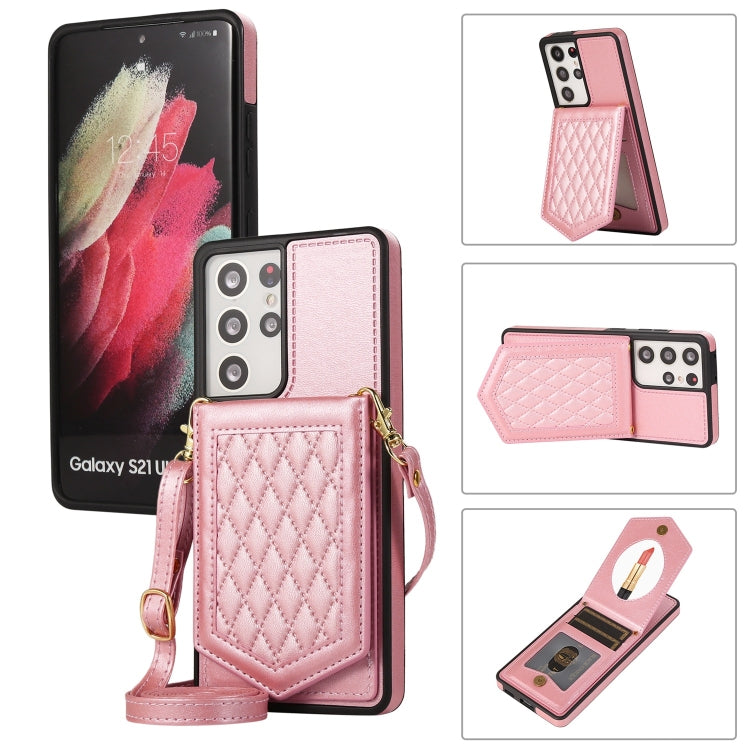 Rhombic Texture RFID Phone Case with Lanyard & Mirror, For Samsung Galaxy S20+, For Samsung Galaxy S20 FE, For Samsung Galaxy S21 Ultra 5G, For Samsung Galaxy S22+ 5G, For Samsung Galaxy S22 5G, For Samsung Galaxy S21 5G, For Samsung Galaxy S21+ 5G    ...
