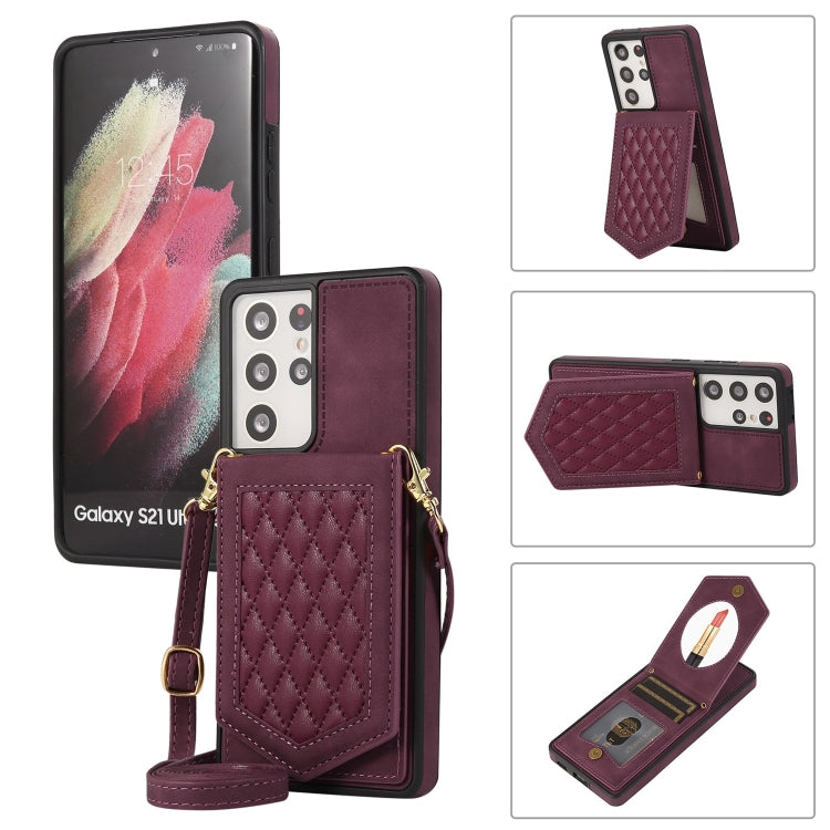 Rhombic Texture RFID Phone Case with Lanyard & Mirror, For Samsung Galaxy S20+, For Samsung Galaxy S20 FE, For Samsung Galaxy S21 Ultra 5G, For Samsung Galaxy S22+ 5G, For Samsung Galaxy S22 5G, For Samsung Galaxy S21 5G, For Samsung Galaxy S21+ 5G    ...