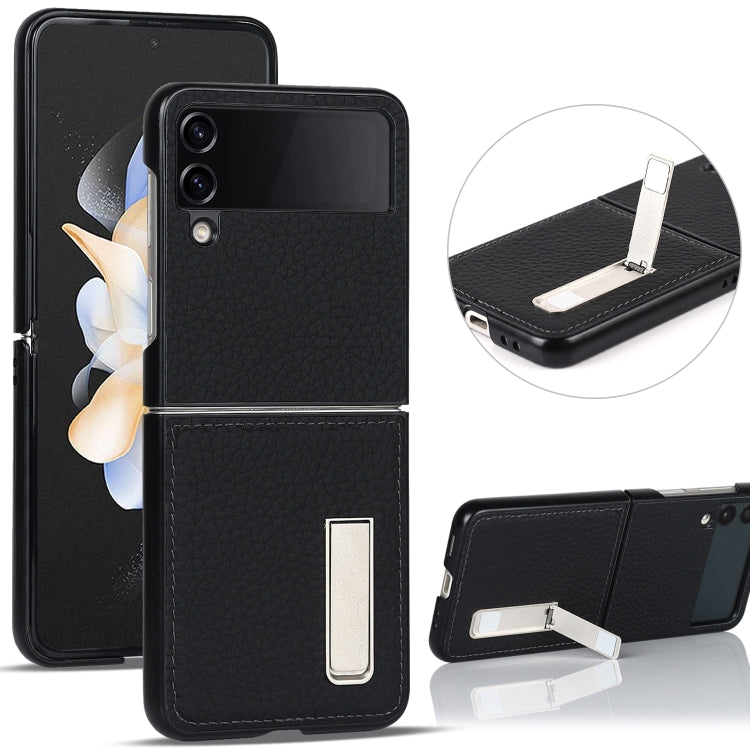 Litchi Texture Genuine Leather Holder Phone Case, For Samsung Galaxy Z Flip4 5G
