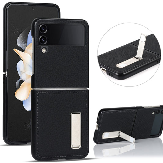 Litchi Texture Genuine Leather Holder Phone Case, For Samsung Galaxy Z Flip4 5G