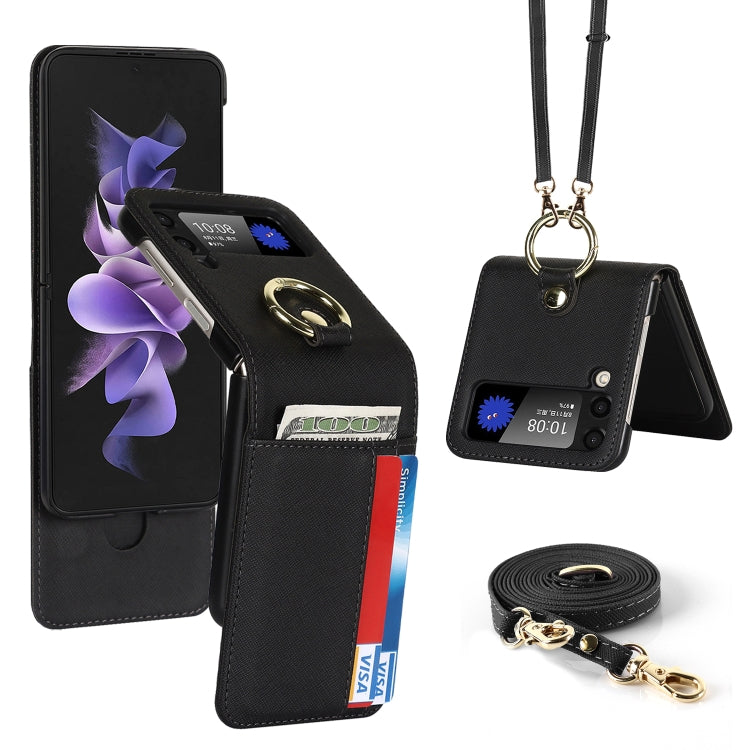 Cross Texture Lanyard Ring Phone Case, For Samsung Galaxy Z Flip4 5G