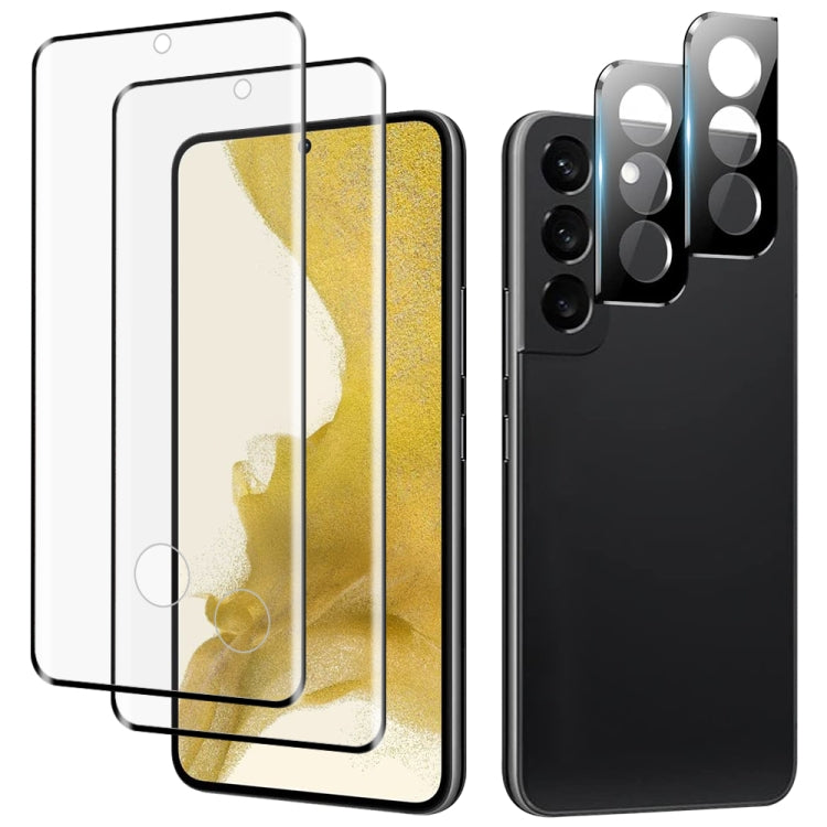 2pcs 3D Edge Glue Tempered Glass Full Film with 2pcs Aluminum Lens Film Set, Support Fingerprint Unlock, For Samsung Galaxy S23 5G, For Samsung Galaxy S23+ 5G, For Samsung Galaxy S23 Ultra 5G