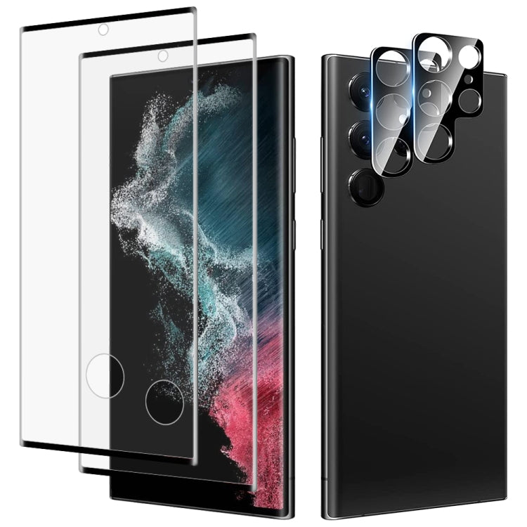 2pcs 3D Edge Glue Tempered Glass Full Film with 2pcs Aluminum Lens Film Set, Support Fingerprint Unlock, For Samsung Galaxy S23 5G, For Samsung Galaxy S23+ 5G, For Samsung Galaxy S23 Ultra 5G