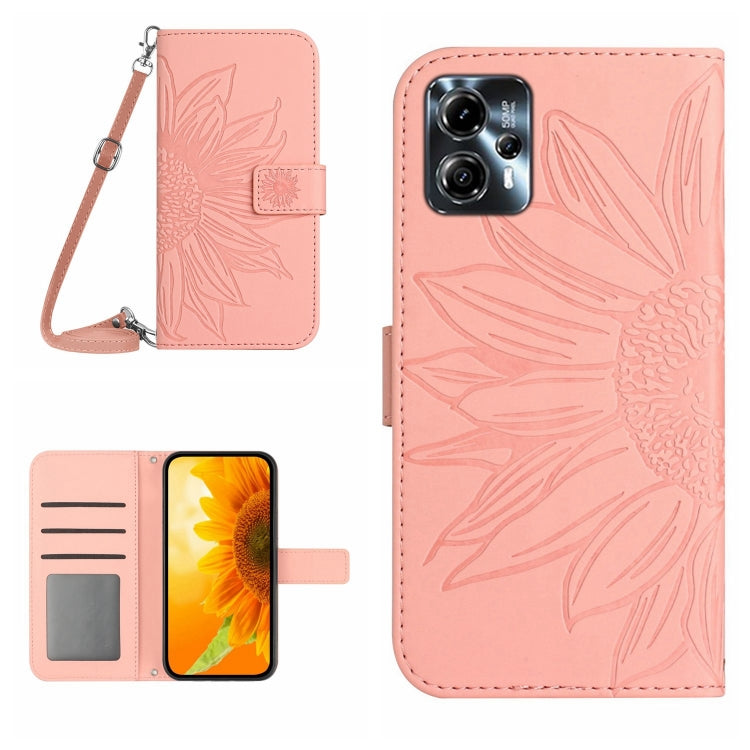 HT04 Skin Feel Sun Flower Embossed Flip Leather Phone Case with Lanyard, For Motorola Moto E13 4G, For Motorola Edge+ 2023, For Motorola Moto G23 4G/G13 4G, For Motorola Moto G53 5G/G13/G23