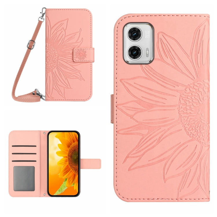 HT04 Skin Feel Sun Flower Embossed Flip Leather Phone Case with Lanyard, For Motorola Moto G73 5G, For OPPO A58 5G/A78 5G, For OPPO Reno8 T 4G, For TCL 40 SE