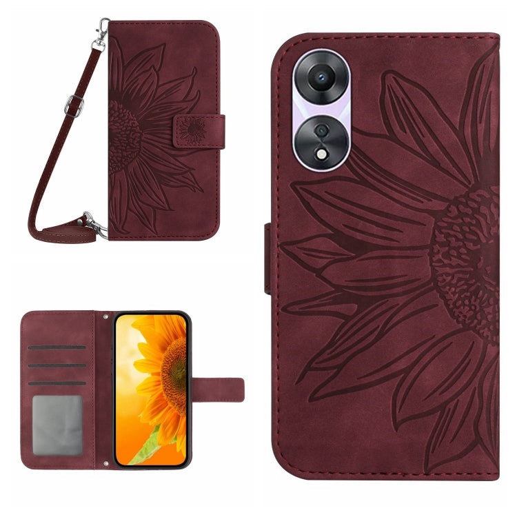 HT04 Skin Feel Sun Flower Embossed Flip Leather Phone Case with Lanyard, For Motorola Moto G73 5G, For OPPO A58 5G/A78 5G, For OPPO Reno8 T 4G, For TCL 40 SE