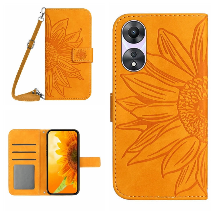 HT04 Skin Feel Sun Flower Embossed Flip Leather Phone Case with Lanyard, For Motorola Moto G73 5G, For OPPO A58 5G/A78 5G, For OPPO Reno8 T 4G, For TCL 40 SE
