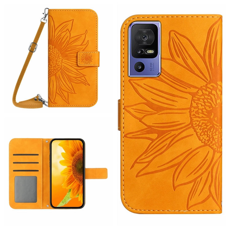 HT04 Skin Feel Sun Flower Embossed Flip Leather Phone Case with Lanyard, For Motorola Moto G73 5G, For OPPO A58 5G/A78 5G, For OPPO Reno8 T 4G, For TCL 40 SE