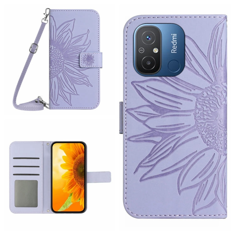 HT04 Skin Feel Sun Flower Embossed Flip Leather Phone Case with Lanyard, For Xiaomi Redmi 11A 4G