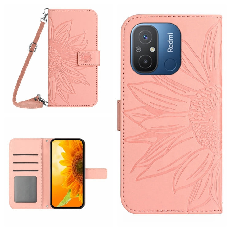 HT04 Skin Feel Sun Flower Embossed Flip Leather Phone Case with Lanyard, For Xiaomi Redmi 11A 4G