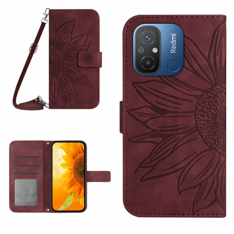 HT04 Skin Feel Sun Flower Embossed Flip Leather Phone Case with Lanyard, For Xiaomi Redmi 11A 4G